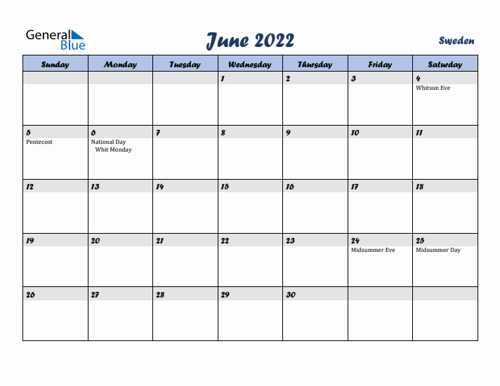 June 2022 Calendar with Holidays in Sweden