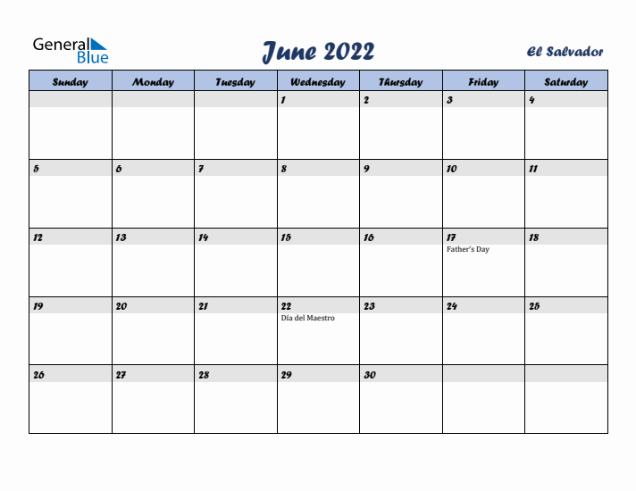 June 2022 Calendar with Holidays in El Salvador