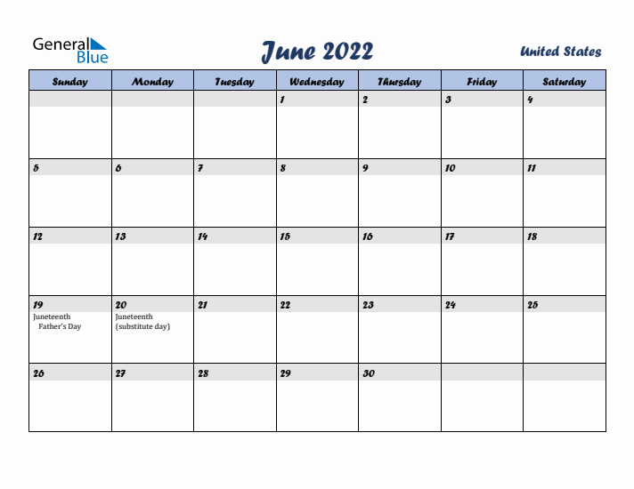 June 2022 Calendar with Holidays in United States