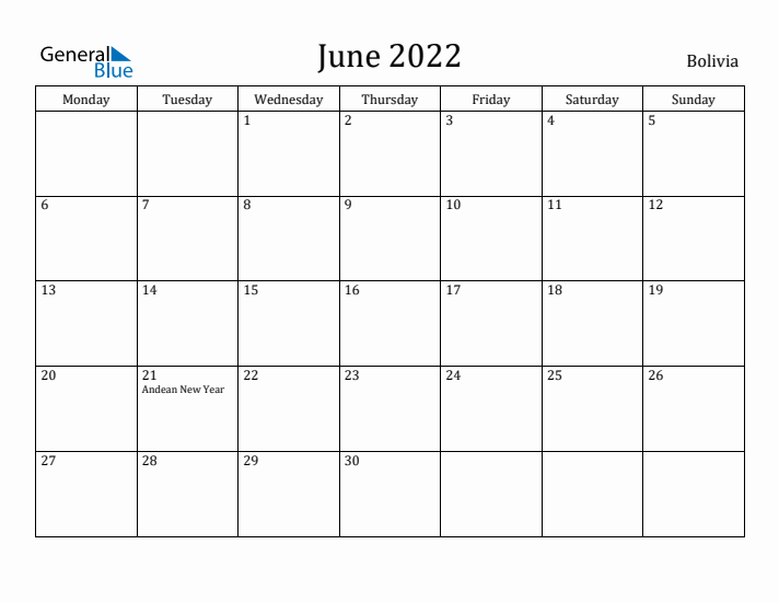 June 2022 Calendar Bolivia