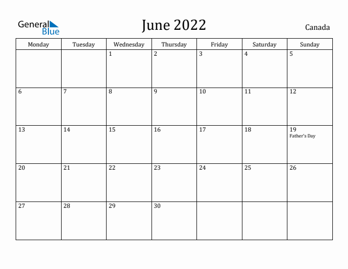 June 2022 Calendar Canada