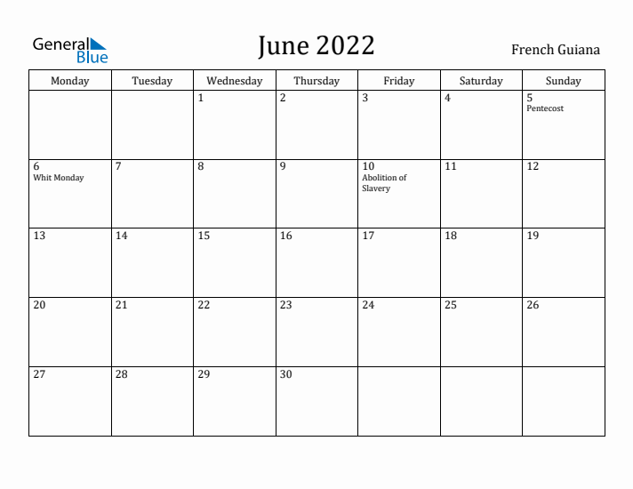 June 2022 Calendar French Guiana