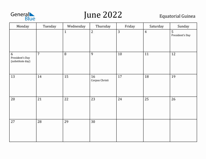 June 2022 Calendar Equatorial Guinea