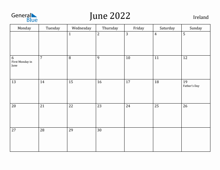 June 2022 Calendar Ireland