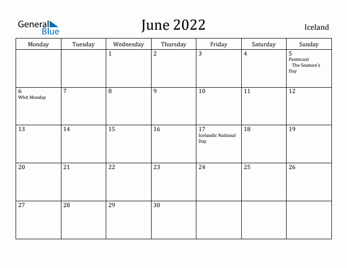 June 2022 Calendar Iceland