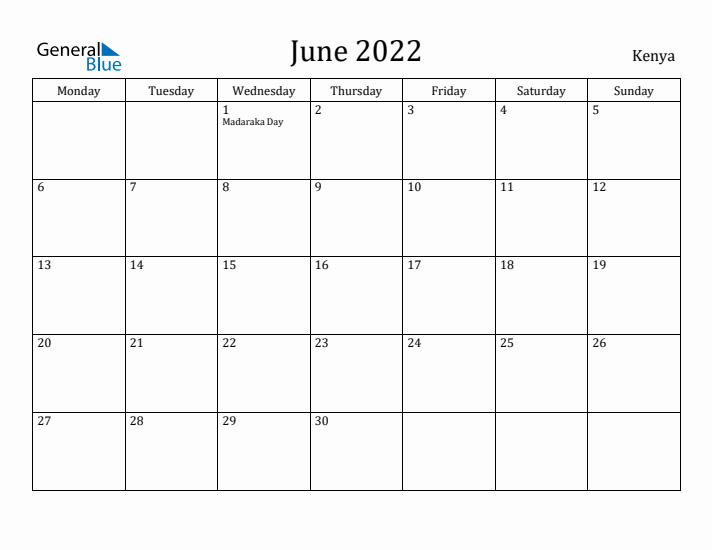 June 2022 Calendar Kenya