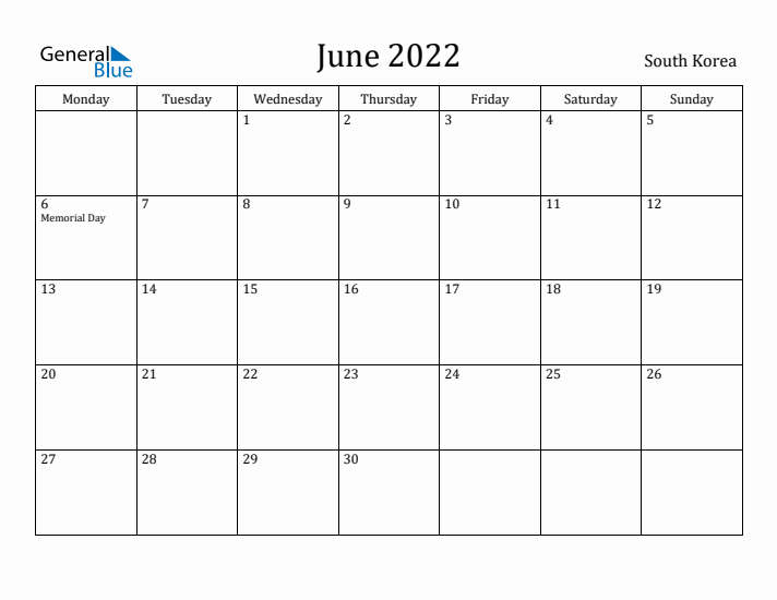 June 2022 Calendar South Korea