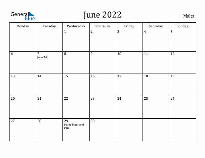 June 2022 Calendar Malta