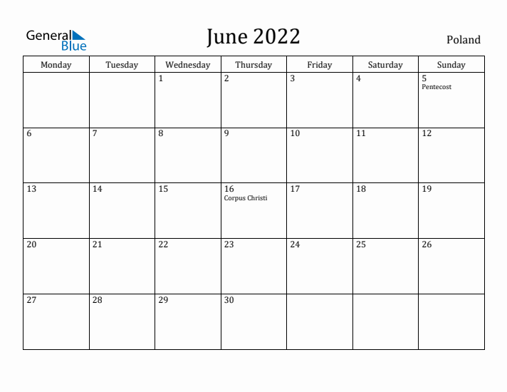 June 2022 Calendar Poland