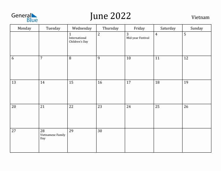 June 2022 Calendar Vietnam