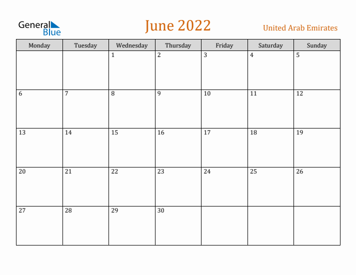 June 2022 Holiday Calendar with Monday Start