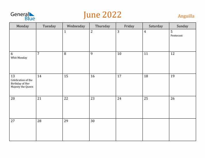 June 2022 Holiday Calendar with Monday Start