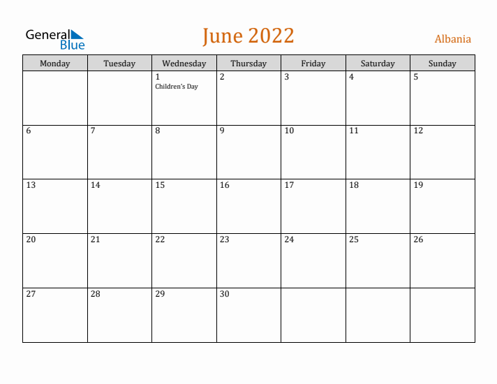 June 2022 Holiday Calendar with Monday Start