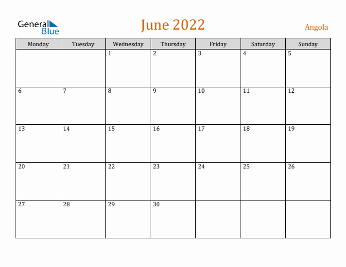 June 2022 Holiday Calendar with Monday Start