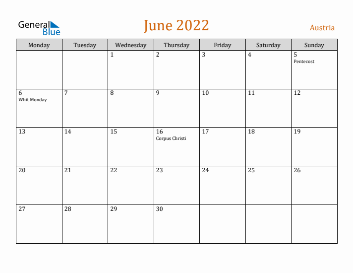 June 2022 Holiday Calendar with Monday Start