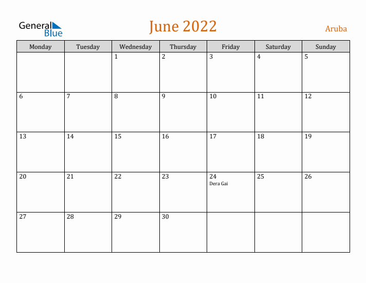 June 2022 Holiday Calendar with Monday Start