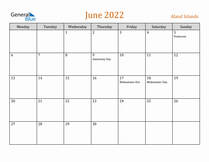 June 2022 Holiday Calendar with Monday Start