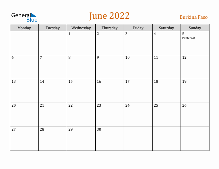 June 2022 Holiday Calendar with Monday Start