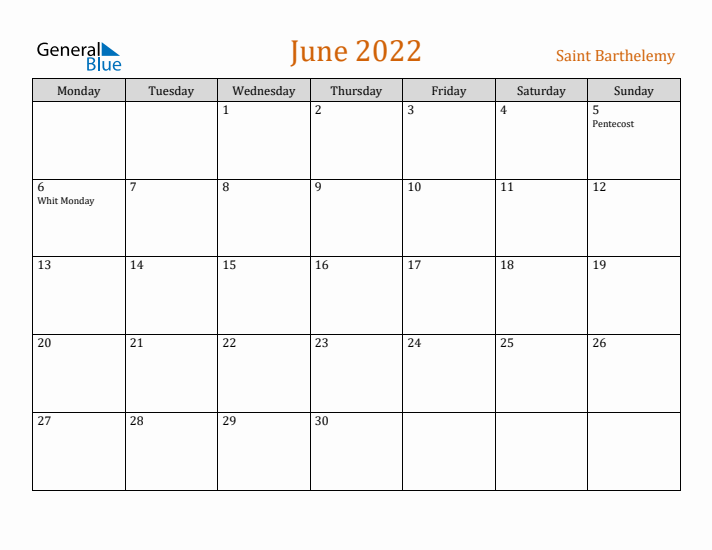 June 2022 Holiday Calendar with Monday Start