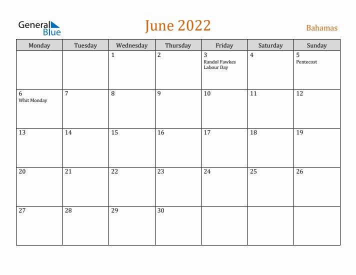 June 2022 Holiday Calendar with Monday Start