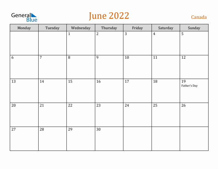 June 2022 Holiday Calendar with Monday Start