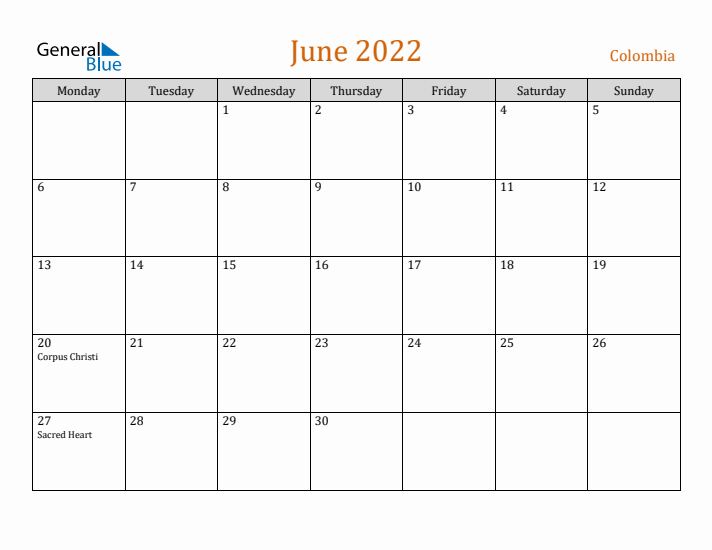 June 2022 Holiday Calendar with Monday Start