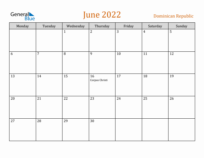 June 2022 Holiday Calendar with Monday Start