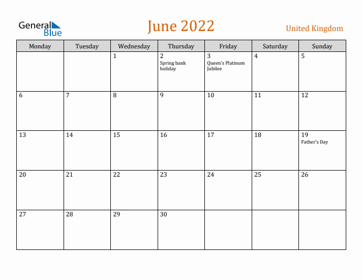 June 2022 Holiday Calendar with Monday Start