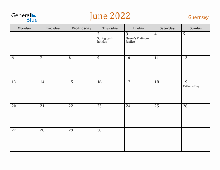 June 2022 Holiday Calendar with Monday Start