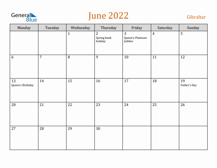 June 2022 Holiday Calendar with Monday Start