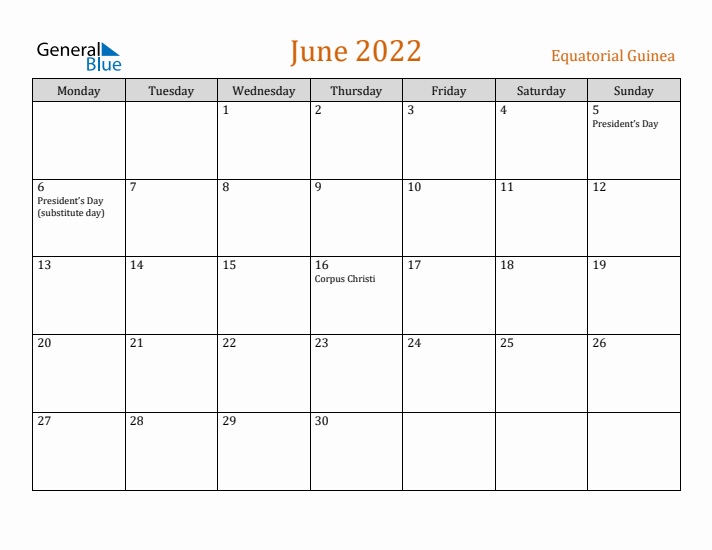 June 2022 Holiday Calendar with Monday Start