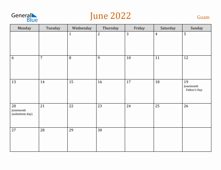 June 2022 Holiday Calendar with Monday Start