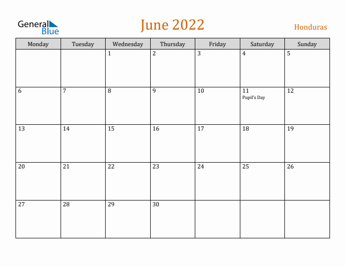 June 2022 Holiday Calendar with Monday Start