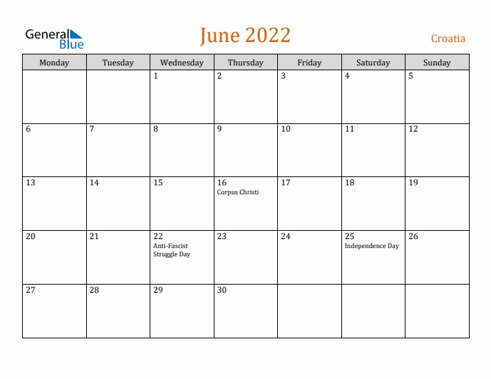 June 2022 Holiday Calendar with Monday Start