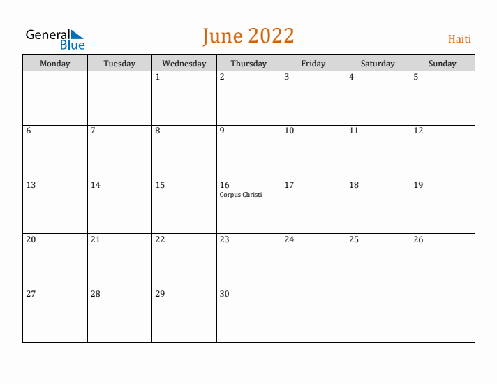 June 2022 Holiday Calendar with Monday Start