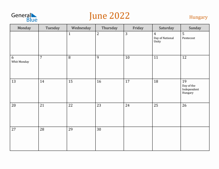 June 2022 Holiday Calendar with Monday Start