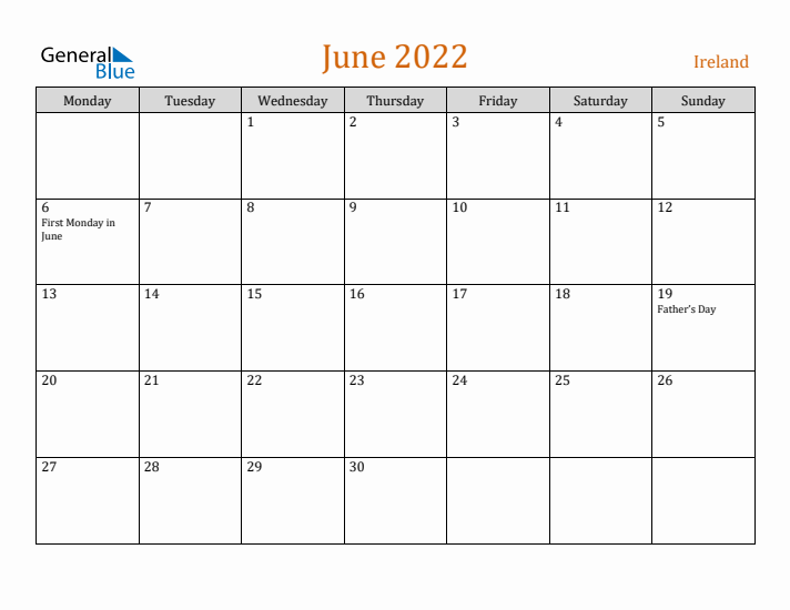 June 2022 Holiday Calendar with Monday Start