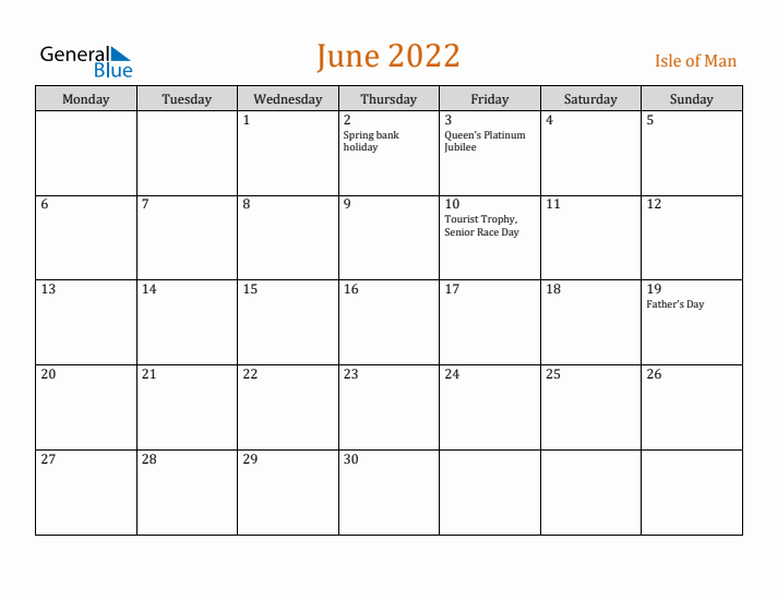 June 2022 Holiday Calendar with Monday Start