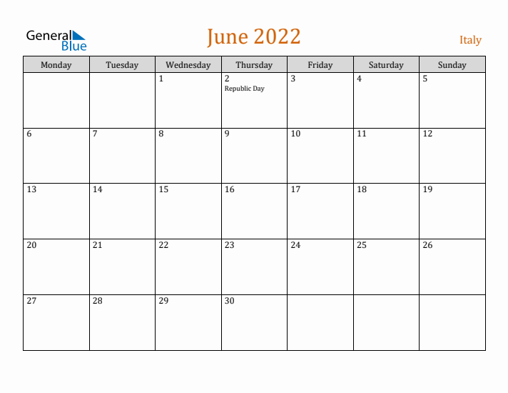 June 2022 Holiday Calendar with Monday Start