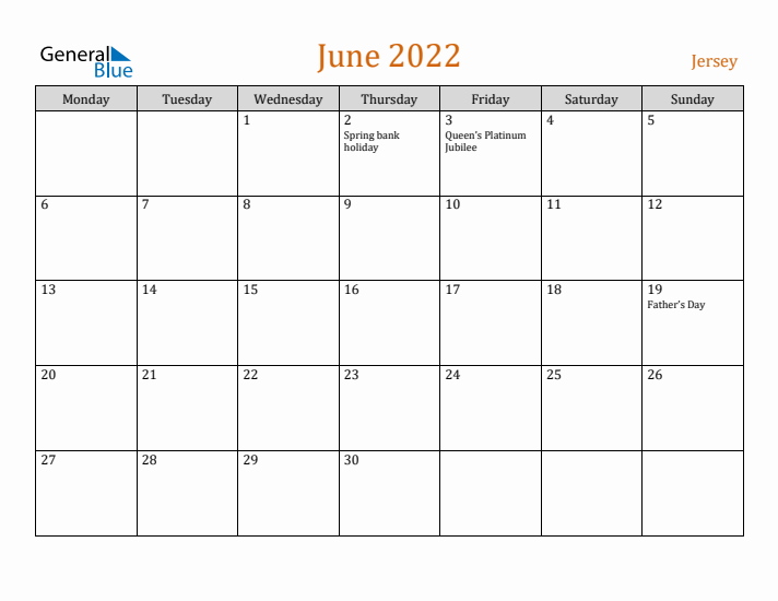 June 2022 Holiday Calendar with Monday Start