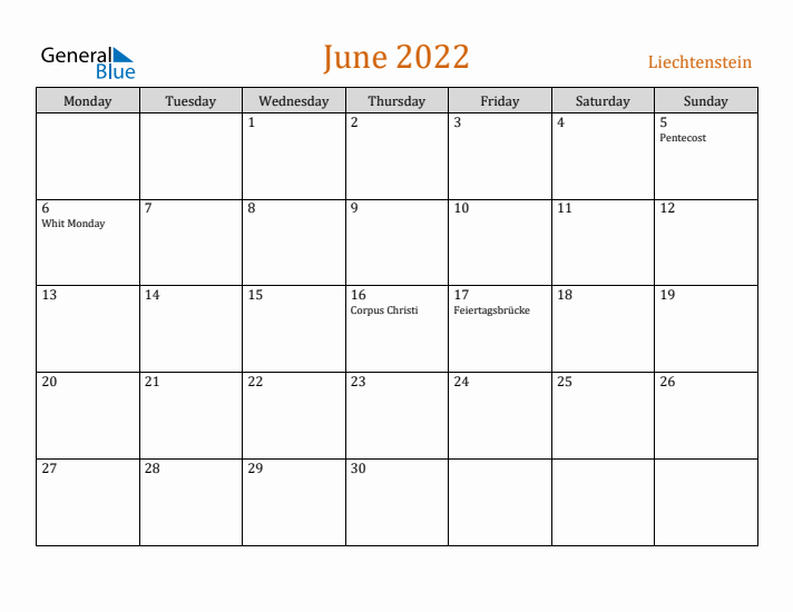 June 2022 Holiday Calendar with Monday Start