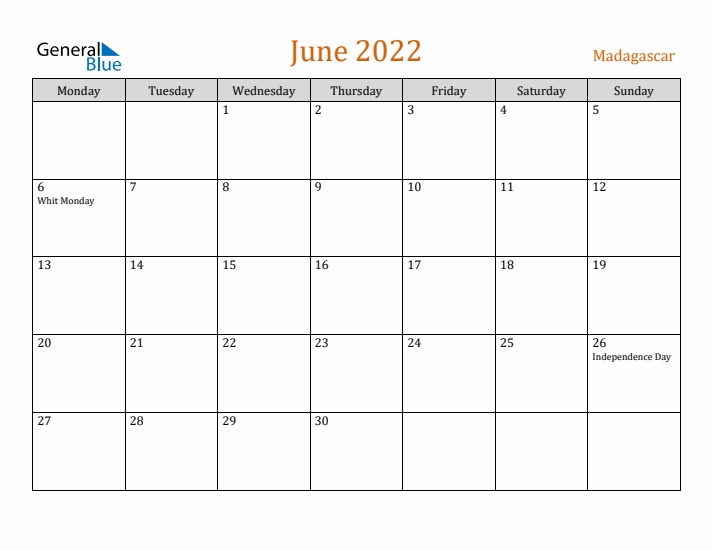 June 2022 Holiday Calendar with Monday Start