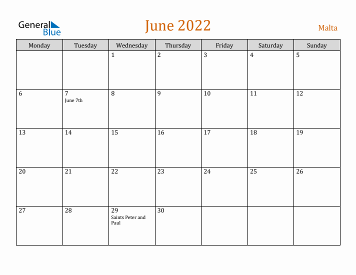 June 2022 Holiday Calendar with Monday Start