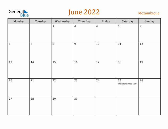 June 2022 Holiday Calendar with Monday Start