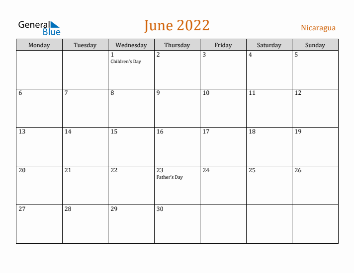 June 2022 Holiday Calendar with Monday Start