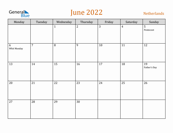 June 2022 Holiday Calendar with Monday Start