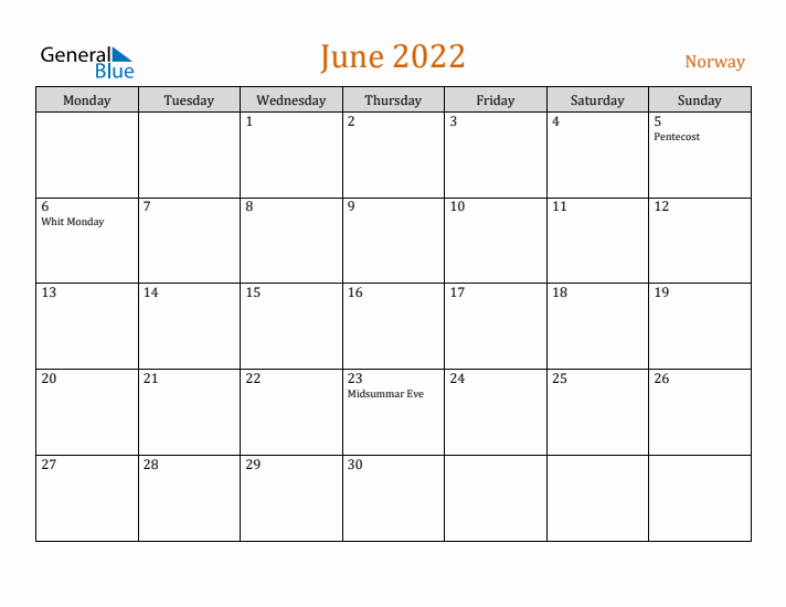 June 2022 Holiday Calendar with Monday Start