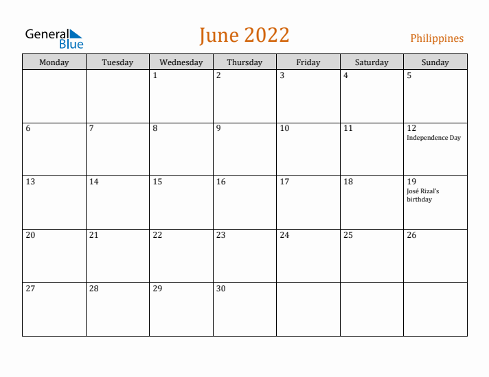 June 2022 Holiday Calendar with Monday Start