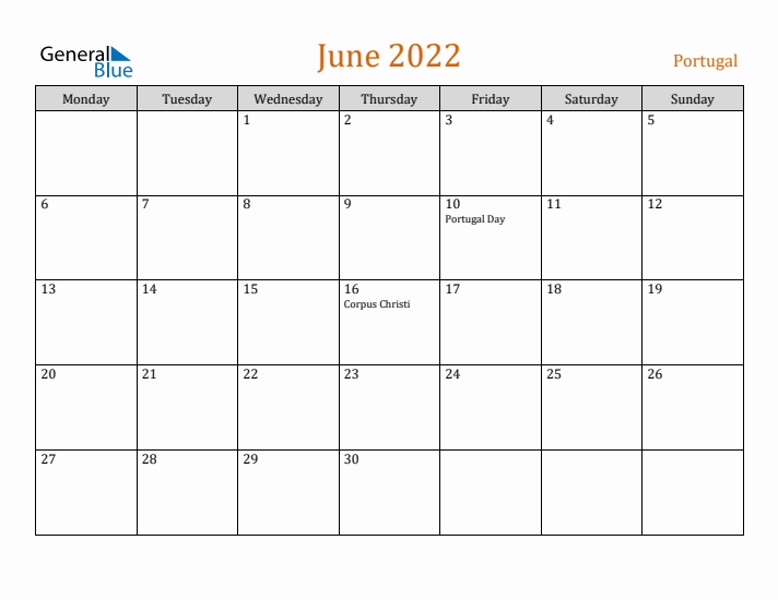 June 2022 Holiday Calendar with Monday Start