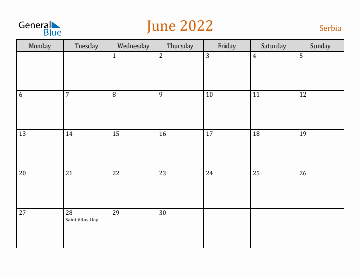 June 2022 Holiday Calendar with Monday Start